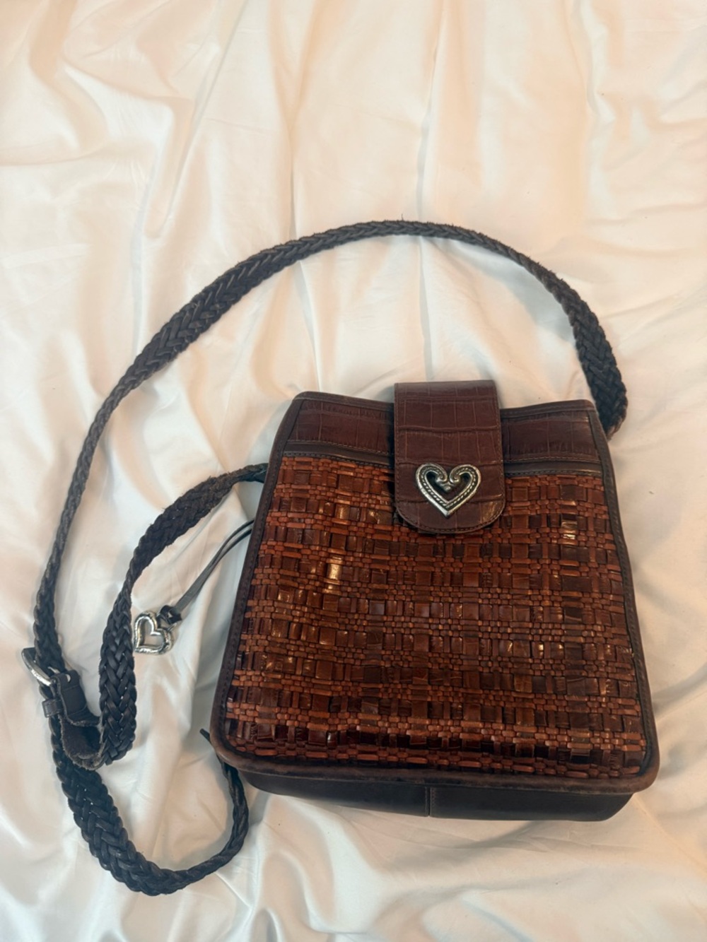 Brighton Woven Brown Crossbody Bag with Heart Accent